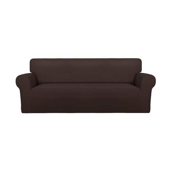 Chocolate Super Stretch Sofa Polyester Slipcover with Non-Skid Foam and Elastic Bottom for Kids and Pets, Large