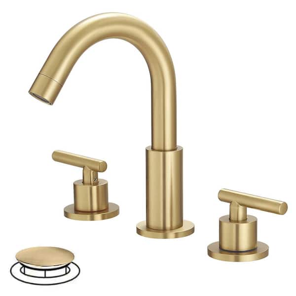 BWE 8 in. Widespread 2-Handle Mid-Arc Bathroom Faucet with Valve and cUPC Water Supply Lines in Brushed Gold