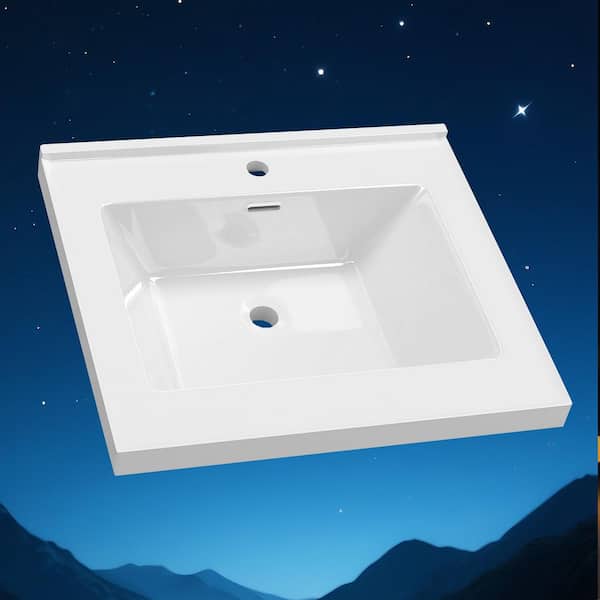24 in. W x 22 in. D Solid Surface White Rectangular Single Sink Vanity Top with Backsplash & Basin 1 Hole Countertop