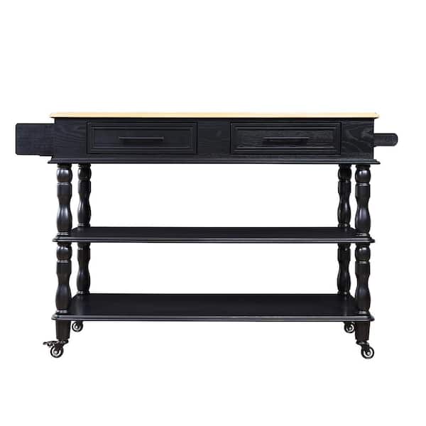 Boosicavelly 65.00 inch Black Wood Kitchen Cart with Solid OAK Wood Top and 2-sided Kitchen Island Cart on Wheels