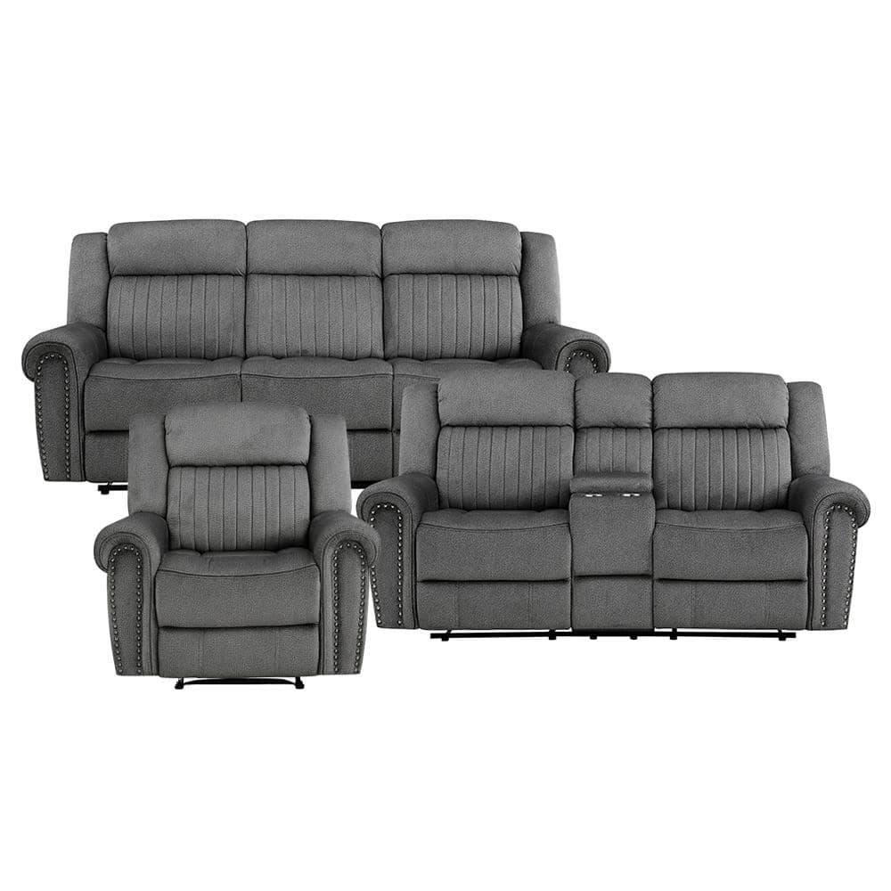 Abington 89 in. W Rolled Arm Microfiber Rectangle 3-Piece Manual Reclining Sofa Set in Charcoal