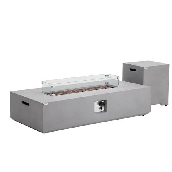 Unbranded 56 in. Concrete Outdoor Propane Gas Fire Pit Table in Gray 50,000 BTU with Propane Tank Table and Glass Wind Guard