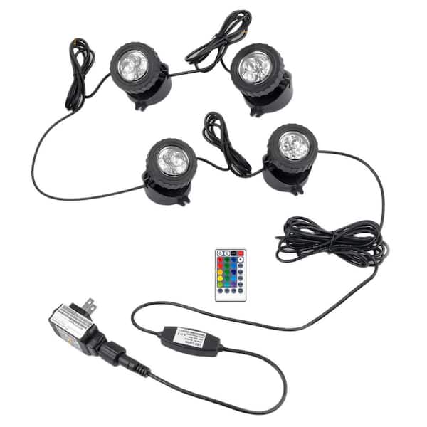 RGB LED Underwater Submersible Pond 4-Light with Timer, Integrated LED IP68 Waterproof, Aquarium Pool Chandelier Black