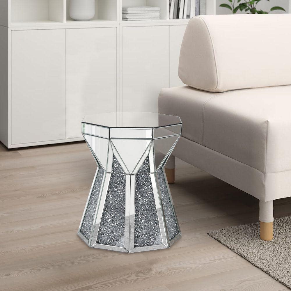 Faceted Round Mirrored Wood End Table with Faux Diamonds - Silver