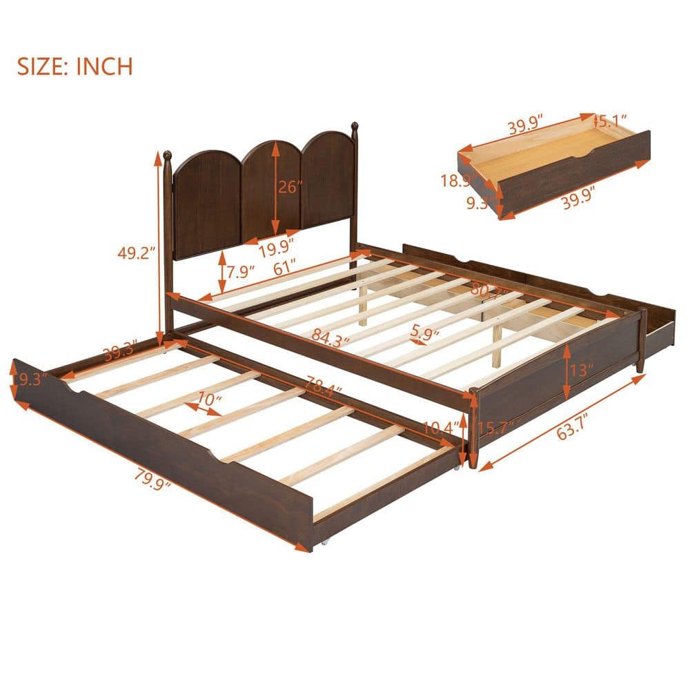 Walnut Brown Wood Frame Queen Upholstered Platform Bed with 2 Big Drawers, Twin XL Size Trundle - thumbnail 3