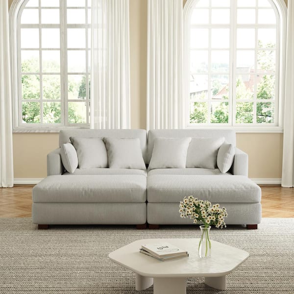 Uixe 88 in. W Modern Square Arm Corduroy Upholstered Sectional Sofa in Sea Salt Gray with 4-Square Pillows