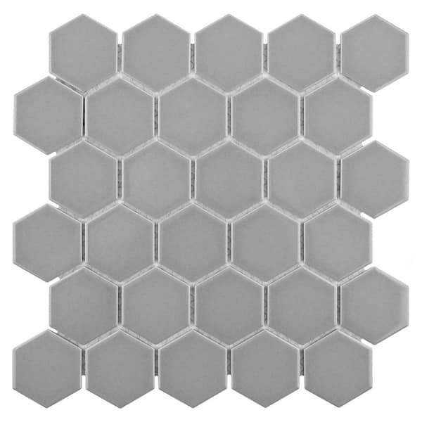 Merola Tile Metro 2 in. Hex Glossy Light Grey 11-1/8 in. x 12-5/8 in. Porcelain Mosaic Tile (10.0 sq. ft./Case)