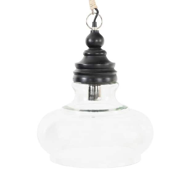 1-Light Black Mango Wood Pendant Light with Glass Shade