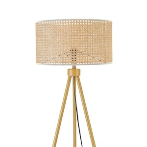60 in. Faux Wood Floor Lamp with Rattan Shade and Tripod Base, On/Off Rotary Switch on Socket