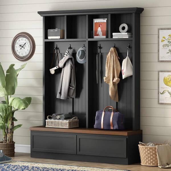 Polibi Farmhouse 4-in-1 Hall Tree with Wood Grain Bench, 2 Large Drawers, 6 Black Hooks, Black / Dark Walnut