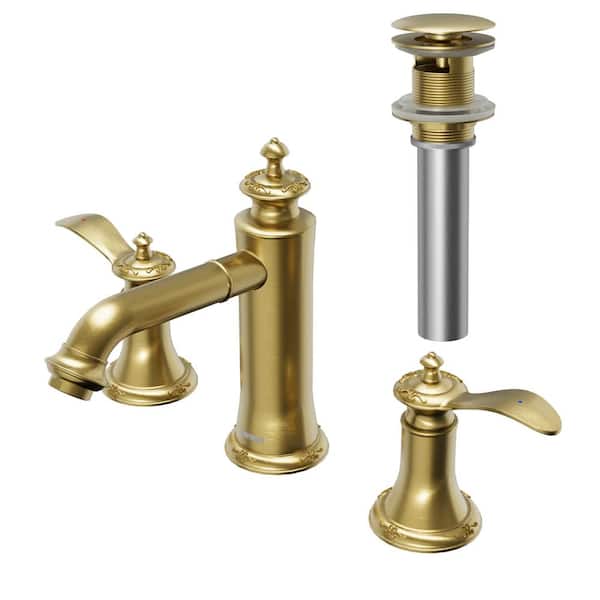Karran Vineyard Widespread 2-Handle Three Hole Bathroom Faucet with Matching Pop-Up Drain in Brushed Gold