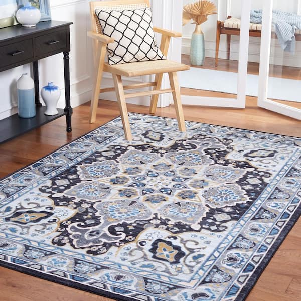 Riviera Gray/Light Blue 7 ft. x 7 ft. Machine Washable Medallion Border Square Area Rug