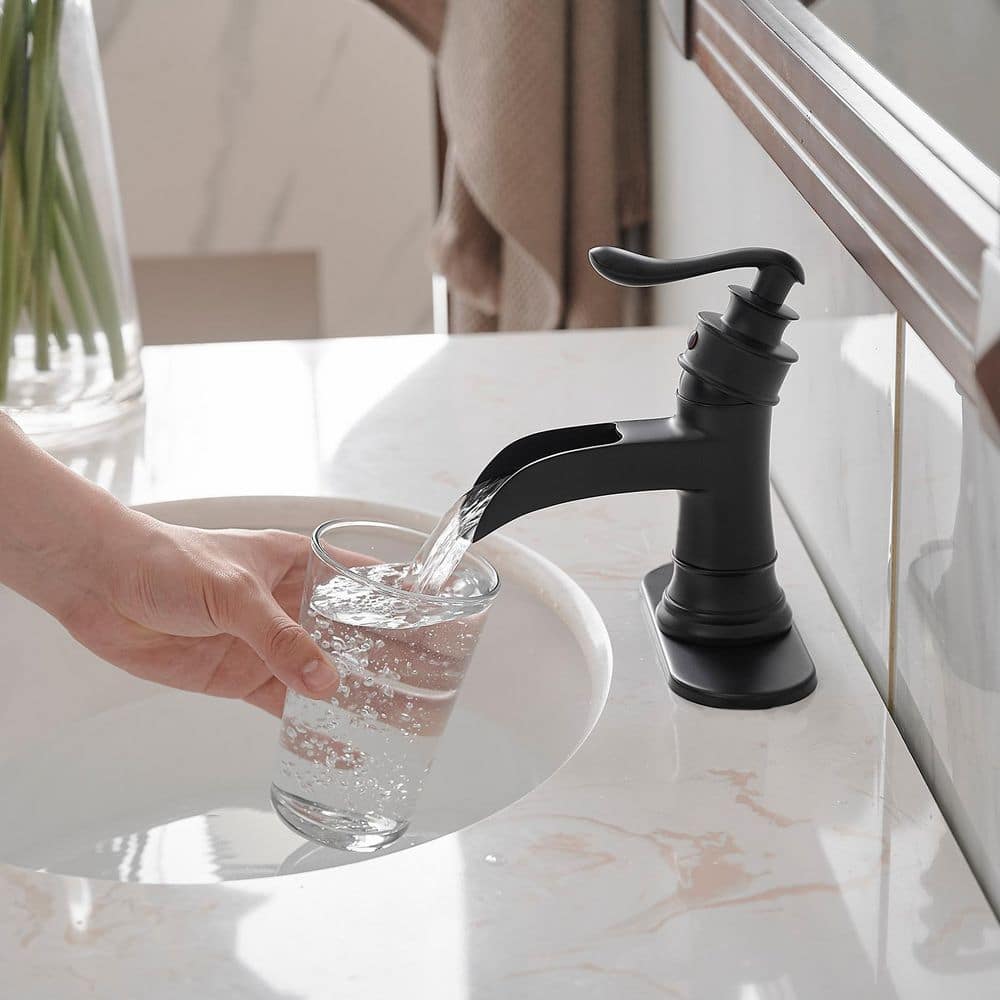 Matte Black Single-Handle Waterfall Bathroom Faucet with Deck Plate