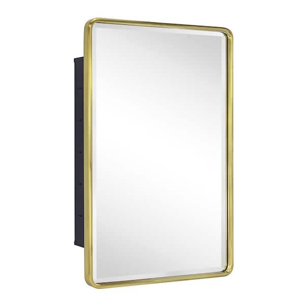 TEHOME Farmhouse 16 in. W x 24 in. H Small Recessed Metal Rectangular Bathroom Medicine Cabinets with Mirror in Brushed Gold