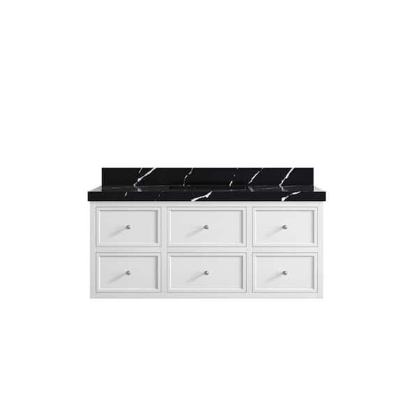 Willow Collections Roswell Floating 48 in. Single Sink Freestanding White Bath Vanity with Calacatta Black Qt. Top Unassembled