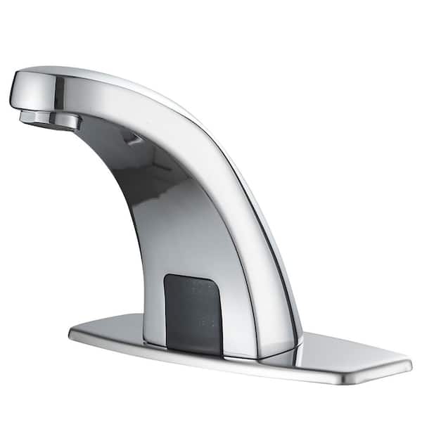 HOMEMYSTIQUE Automatic Sensor Touchless Low Arc Single Hole Bathroom Sink Faucet with Deck Plate in Polished Chrome