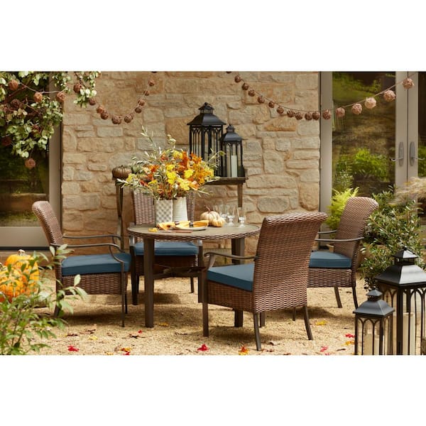 Hampton Bay Harper Creek 5-Piece Brown Steel Outdoor Patio Dining Set with Sunbrella Denim Blue Cushions