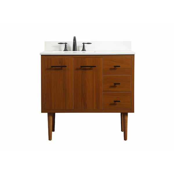 Unbranded Simply Living 36 in. W x 22 in. D x 33.5 in. H Bath Vanity in Teak with Ivory White Engineered Marble Top