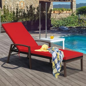 1-Piece Metal Outdoor Chaise Lounge with Red Cushions