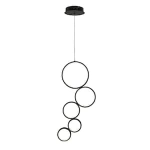 5-Light Dimmable Integrated LED Black Modern 5 Rings Chandelier with Adjustable Height and Remote for Living Room