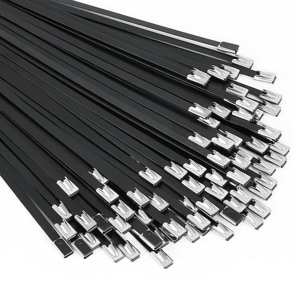UV Resistant Nylon Cable Zip Tie 11.8 in. Black Epoxy Coated 304 Stainless Steel Self-Locking (100-Pack)