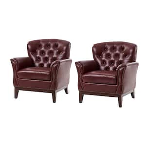 Bud Traditional Genuine Leather Accent Chair Set of 2 with Solid Wood Legs and Nailheads-Burgundy