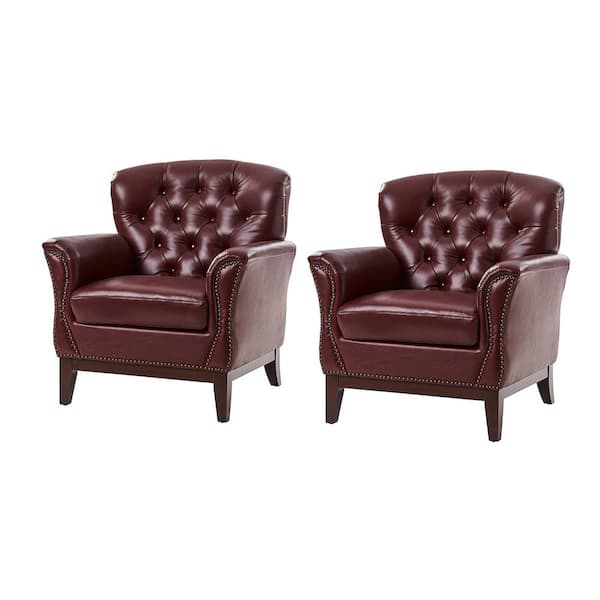 JAYDEN CREATION Bud Traditional Genuine Leather Accent Chair Set of 2 with Solid Wood Legs and Nailheads-Burgundy