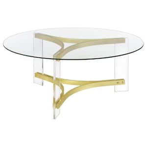 Janessa 40 in. Clear and Matte Brass Round Glass Top Coffee Table with Acrylic Legs