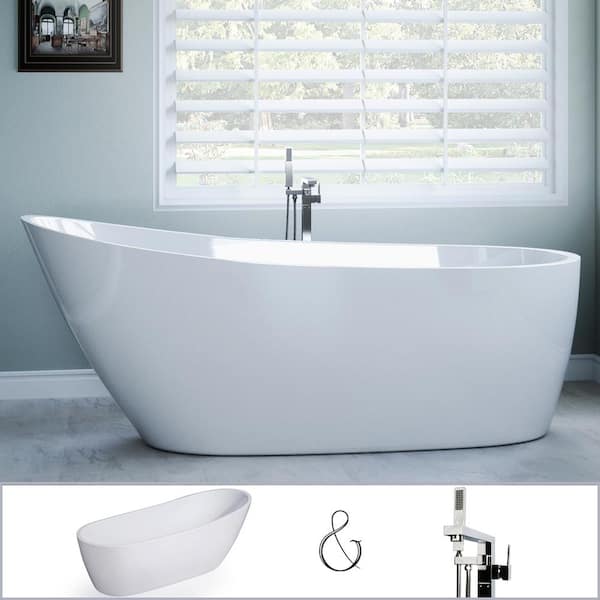 PELHAM & WHITE W-I-D-E Series Wakefield 69 in. Acrylic Slipper Freestanding Tub in White, Floor-Mount Square-Post Faucet in Chrome