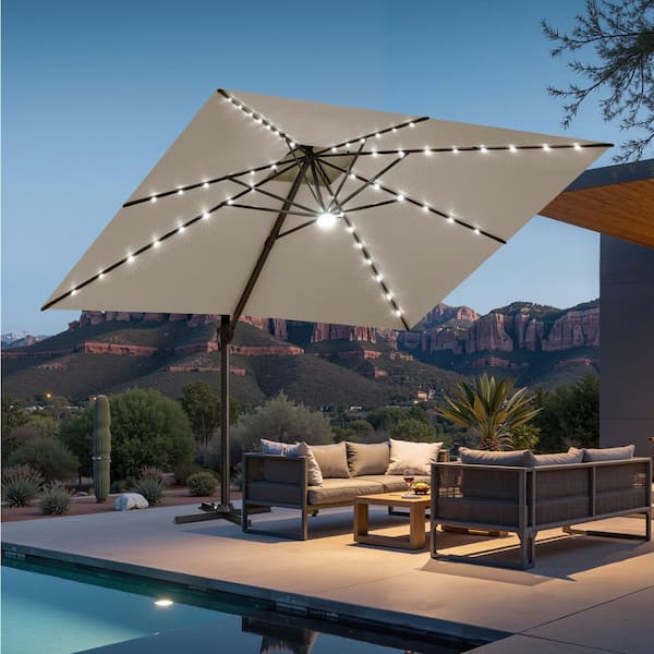 Crestlive Products 11 ft. x 11 ft. Solar Lighted Offset Patio Umbrella in  Beige Double Top Outdoor Cantilever Umbrella with Cross Stand ...