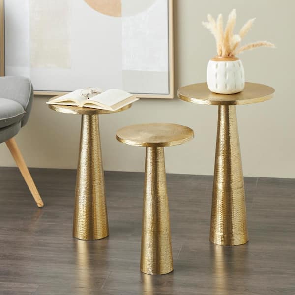 Litton Lane 16 in. Gold Textured Cone Metal End Table with Hammered Cone Shaped Bases (3-Pieces)