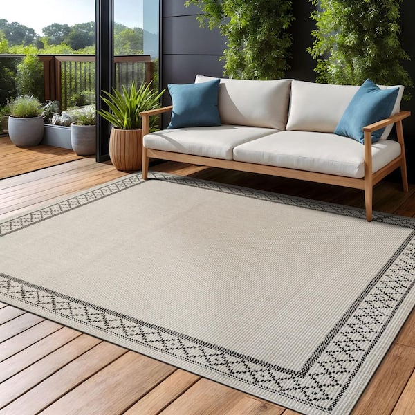Haven 9 ft. x 12 ft. Bone Border Diamond Washable Easy Jute Modern Indoor Outdoor Area Rug