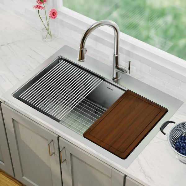 33 in. Drop-In Single Bowl 16-Gauge Stainless Steel Workstation Kitchen Sink