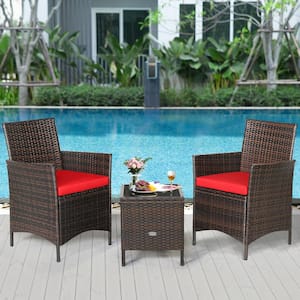 Brown 3-Pieces Wicker Patio Conversation Set with Red Cushions