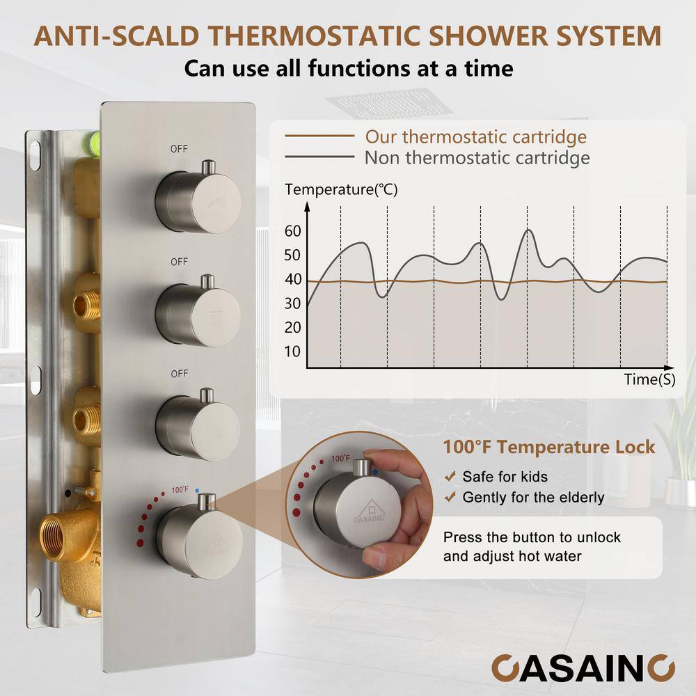 Brushed Nickel Square LED Rain Shower System with Handheld and Bluetooth Speaker