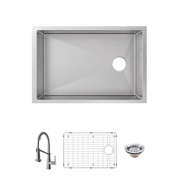 Glacier Bay Tight Radius 27 in. Undermount Single Bowl 18 Gauge Stainless Steel Kitchen Sink with Spring Neck Faucet