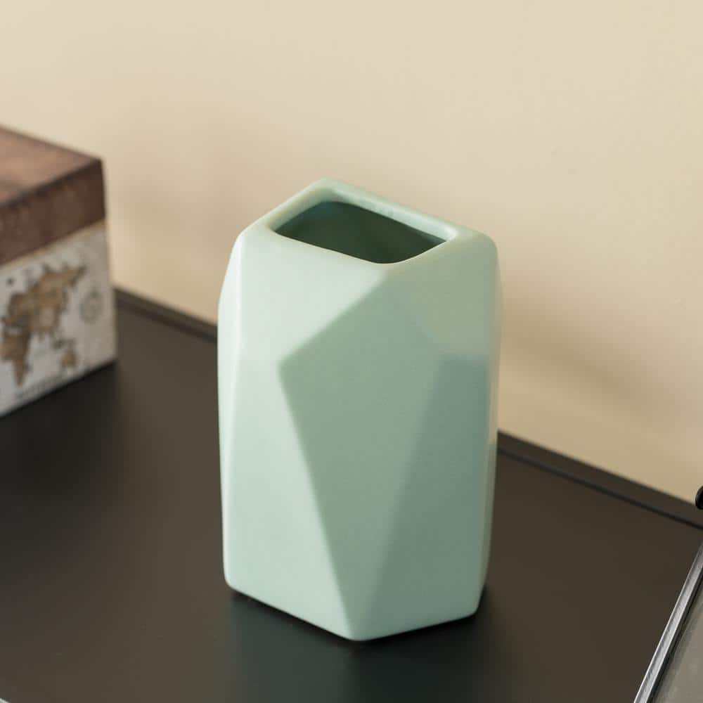6 in. H Green, Small Decorative Ceramic Multi Paned Vase, Modern Style Cent