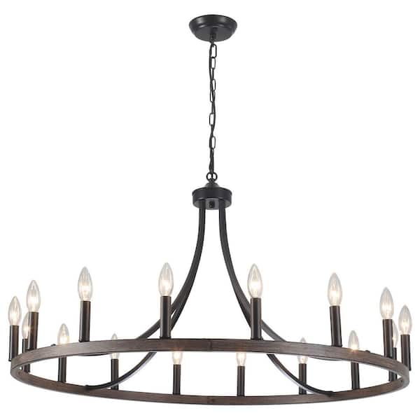 16-Light Black and Imitation Wood Grain Farmhouse Candle Style Wagon Wheel Chandelier for Living Room Kitchen Island