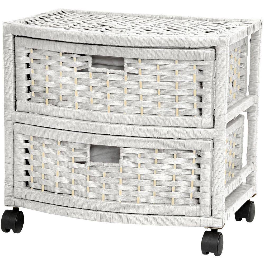 White Woven Fiber 2-Drawer Chest with Casters