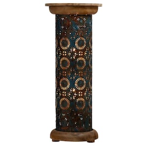 Sawyer 23 in. Faux Blue Patina Mango Wood Cylinder-Base Pedestal Column Floor Lamp with Punched Metal Shade