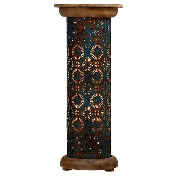 River of Goods Sawyer 23 in. Faux Blue Patina Mango Wood Cylinder-Base Pedestal Column Floor Lamp with Punched Metal Shade