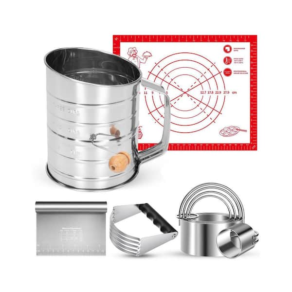 9-Piece Stainless Steel Baking Set with 3-Cup Flour Sifter, Dough Scraper, Biscuit Cutters, and Silicone Mats