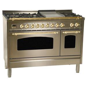 48 in. 5.0 cu. ft. Double Oven Dual Fuel Italian Range True Convection,7 Burners, Griddle,Brass Trim in Stainless Steel
