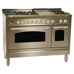 48 in. 5.0 cu.ft. Double Oven Dual Fuel Italian Range True Convection,7 Burners,Griddle,LPGas,Brass Trim/Stainless Steel