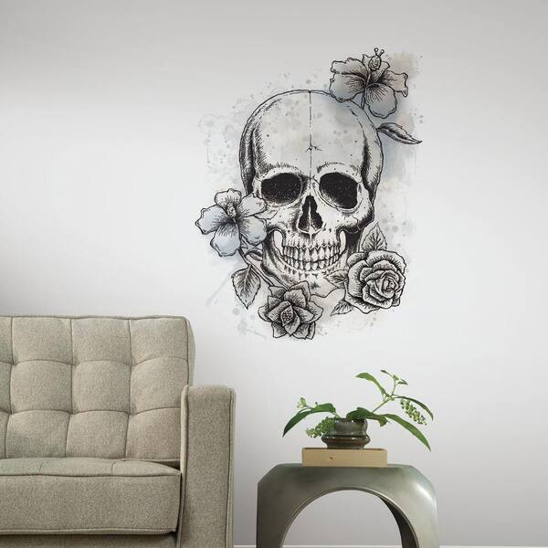 RoomMates 2.5 in. W x 27 in. H Neutral Floral Skull 1-Piece Peel and Stick Giant Wall Decal