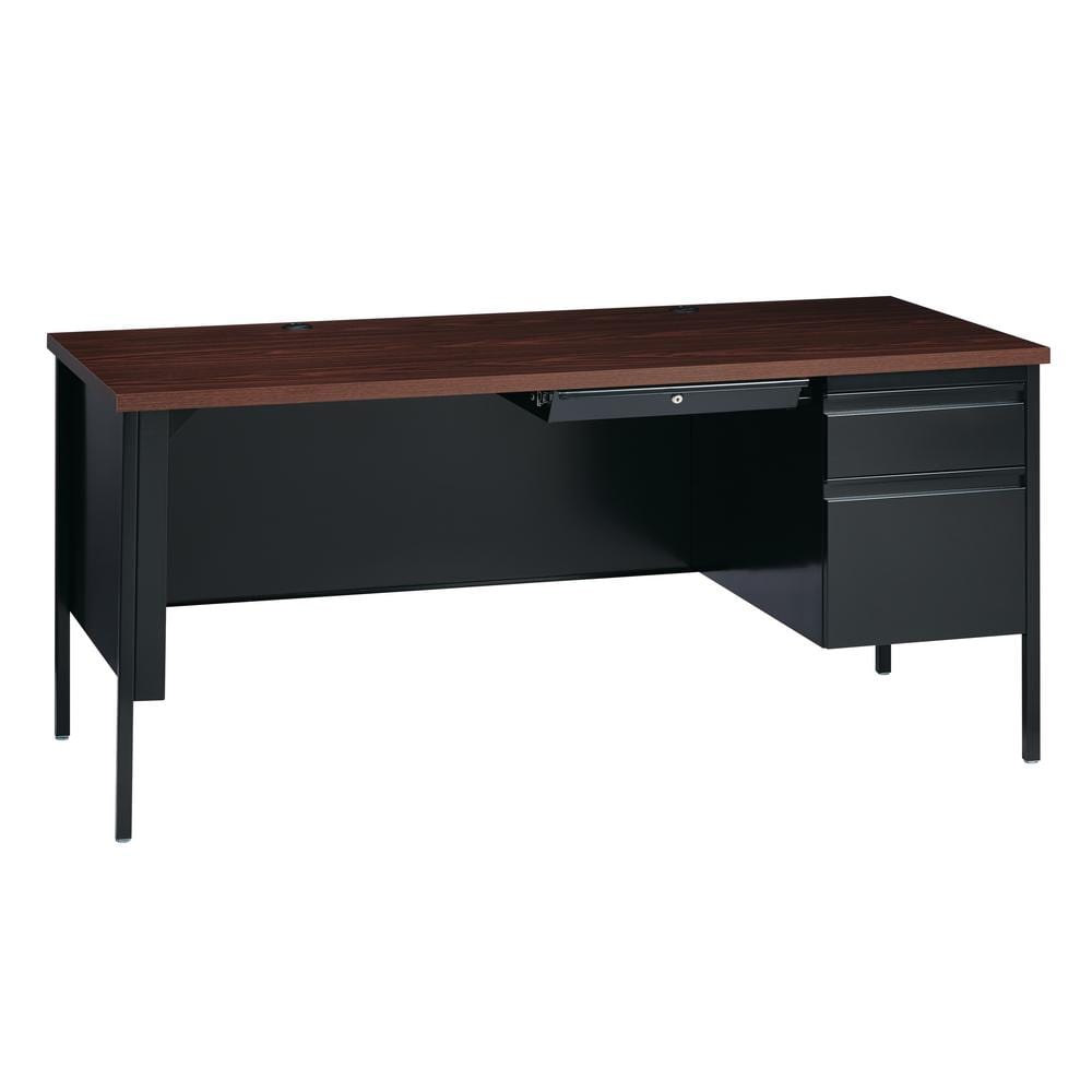 66 in. W x 30 in. D Rectangular Shape Black/Walnut 3-Drawer Right-Hand Single Pedestal File Office Desk w/ Center Drawer