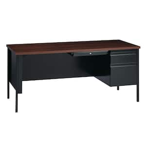 66 in. W x 30 in. D Rectangular Shape Black/Walnut 3-Drawer Right-Hand Single Pedestal File Office Desk w/ Center Drawer