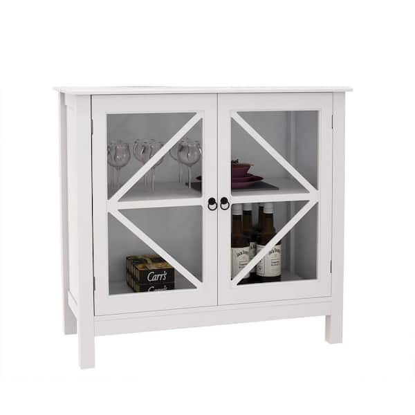 URTR Modern White Wood Kitchen Cabinet with Double Glass Doors, Storage Cabinet for Living Room, Dining Room, Entryway