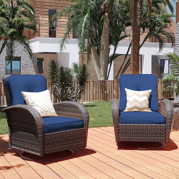 PATIOGUARDER 2-piece Brown Wicker 360° Swivel Outdoor Rocking Chair with Navy Blue Cushion