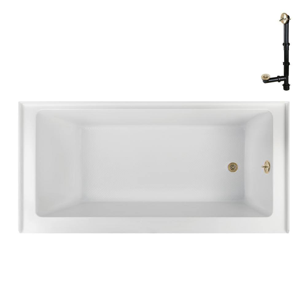 60-Inch Glossy White Acrylic Alcove Bathtub with Polished Brass Drain